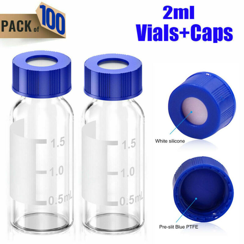 100pcs Sample 2ml Vials+pre-slit Caps Clear Glass Bottle 9mm 9-425 Thread Top Us