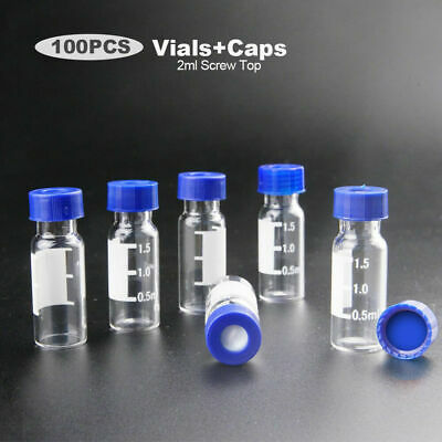 100x 2ml Sample Vials Lab Injection Bottle W/ Writting Area Pre-slit Screw Cap
